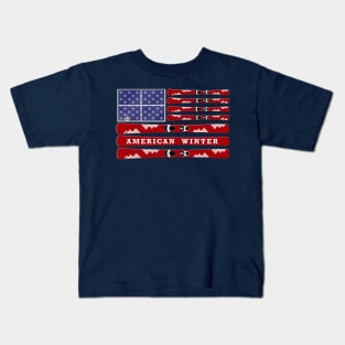 American Winter - skis and snowflakes USA flag - navy background Kids T-Shirt